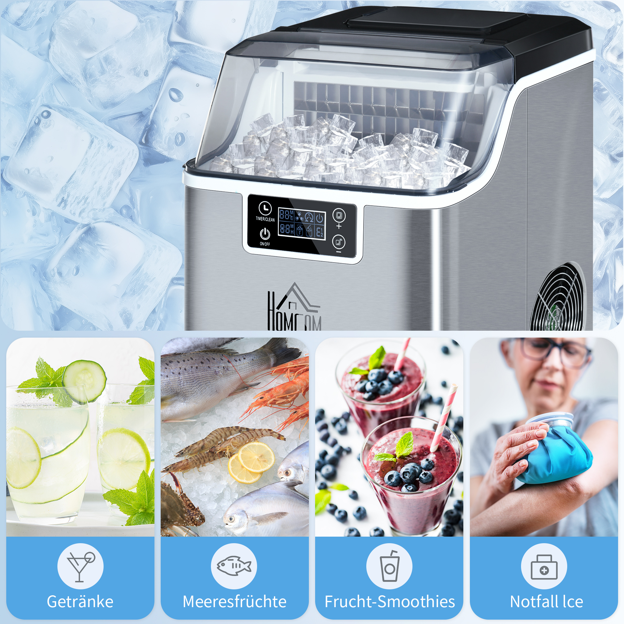 Ein Eisbereiter mit Eiswürfeln und vier Bildern von Getränken und Lebensmitteln.