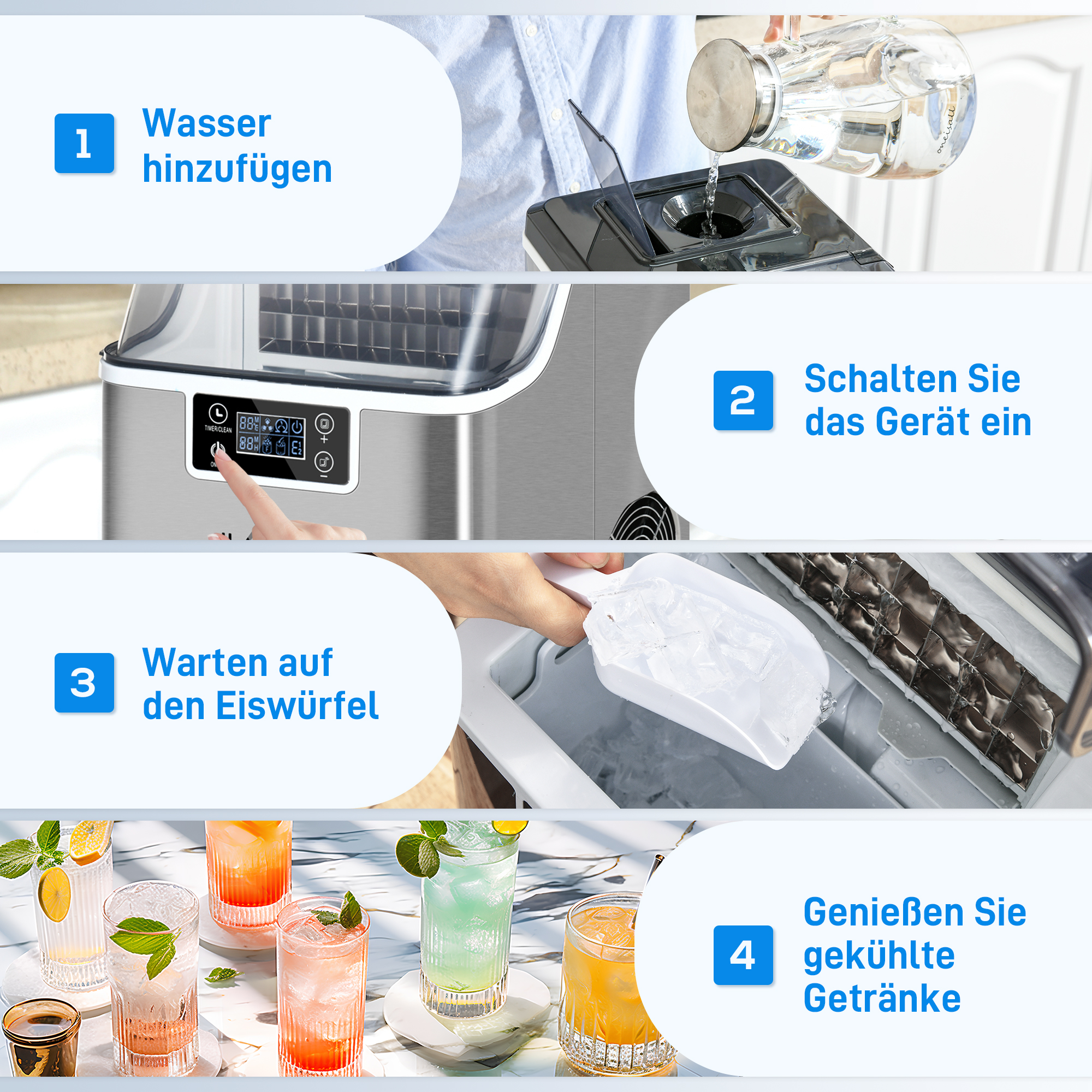 Schritte zur Eisbereitung: Wasser hinzufügen, einschalten, auf Eis warten und kalte Getränke genießen. Cocktails im Hintergrund.