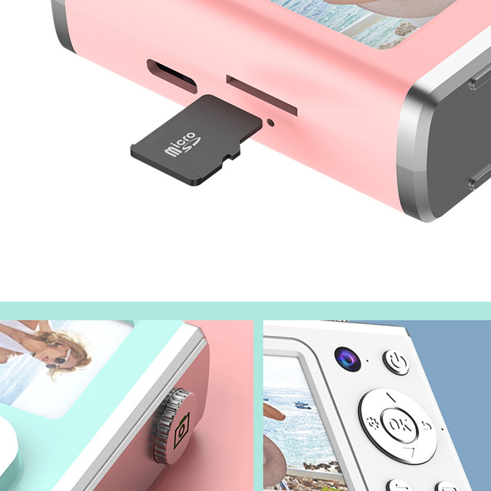 Eine pinke und blaue Digitalkamera mit Micro-SD-Kartensteckplatz und Steuertasten.
