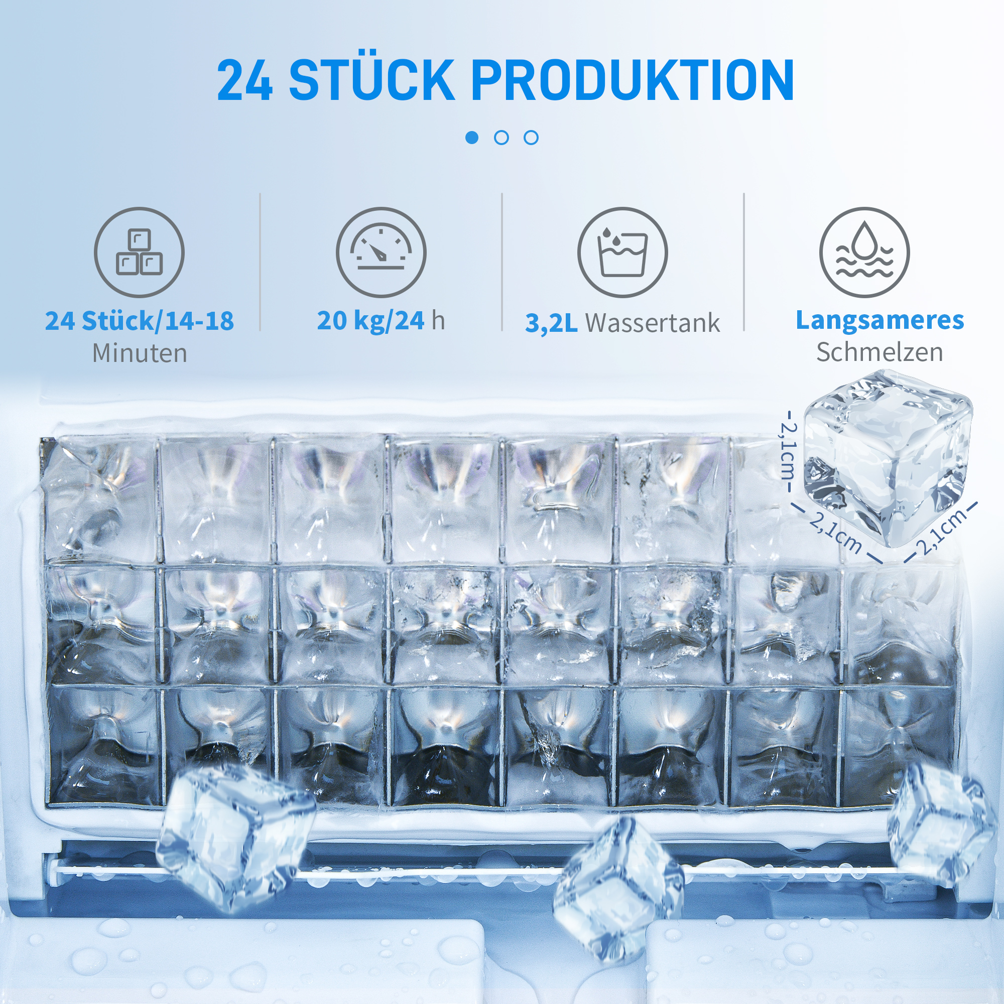 Eismaschine mit Eiswürfeln und Daten: 24 Stück/14-18 Min., 20 kg/24 h, 3,2 l Wassertank. Langsames Schmelzen.