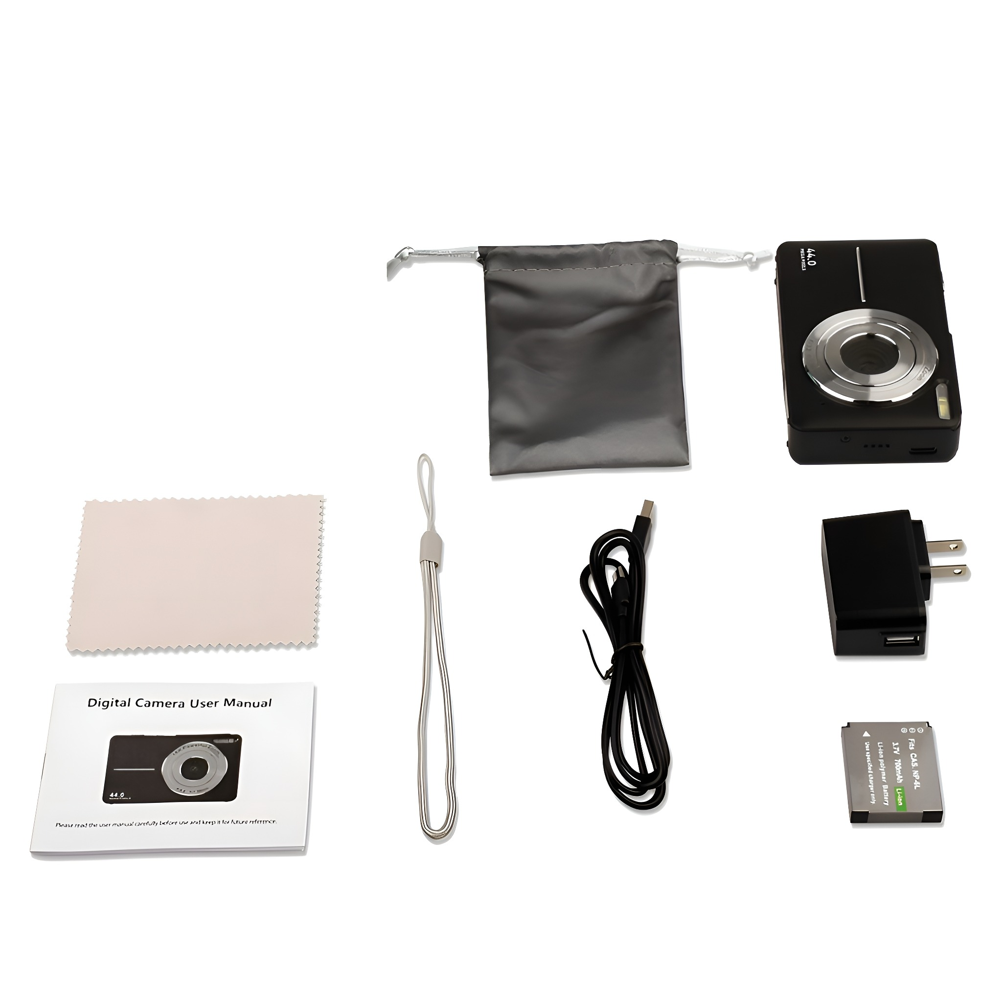 Digitalkamera-Kit: Kamera, Tasche, Tuch, Handbuch, Gurt, Kabel, Ladegerät, Akku.