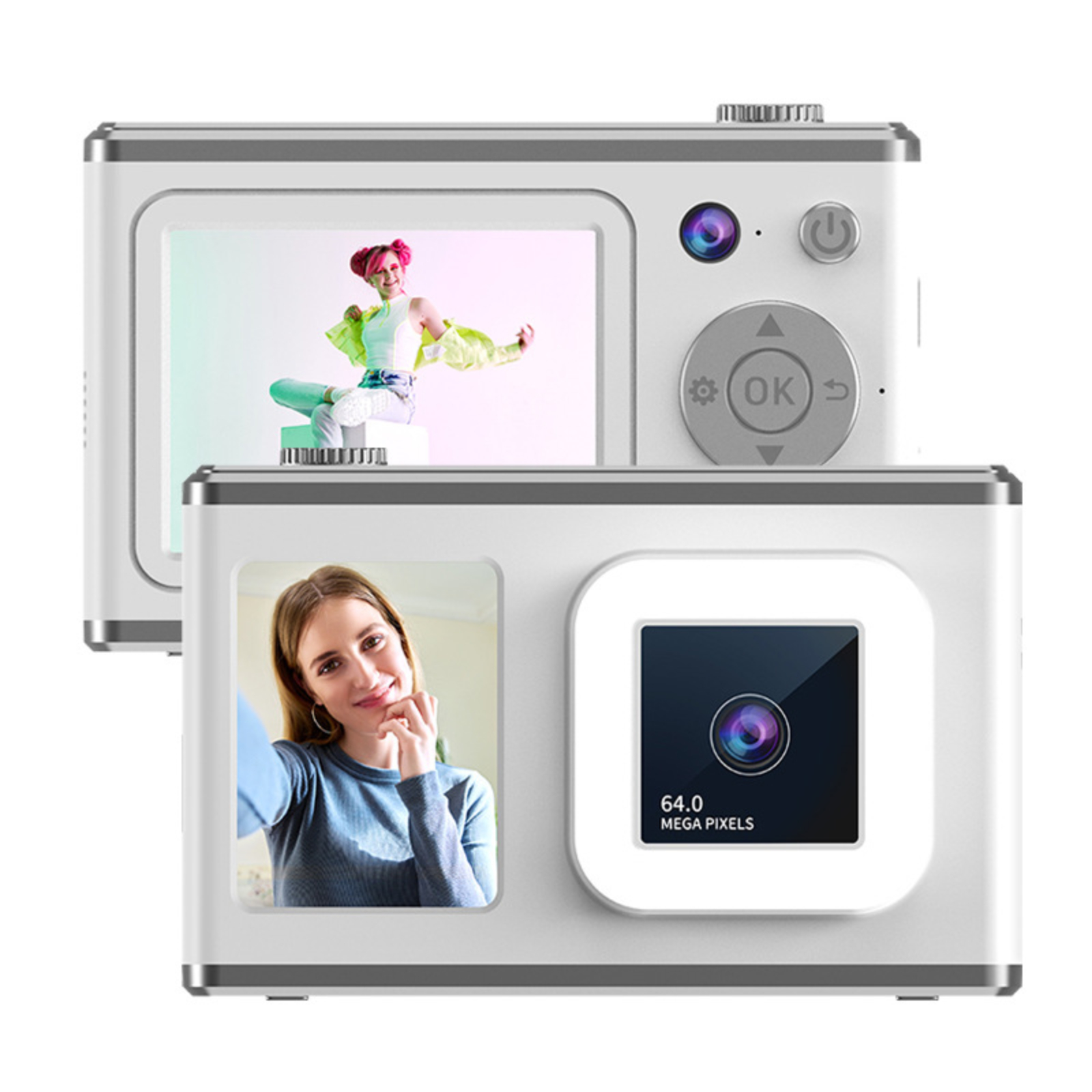 Weiße Digitalkamera, die zwei Bildschirme mit Bildern zeigt, eine Frau, die ein Selfie macht, und eine Frau auf dem Bildschirm.
