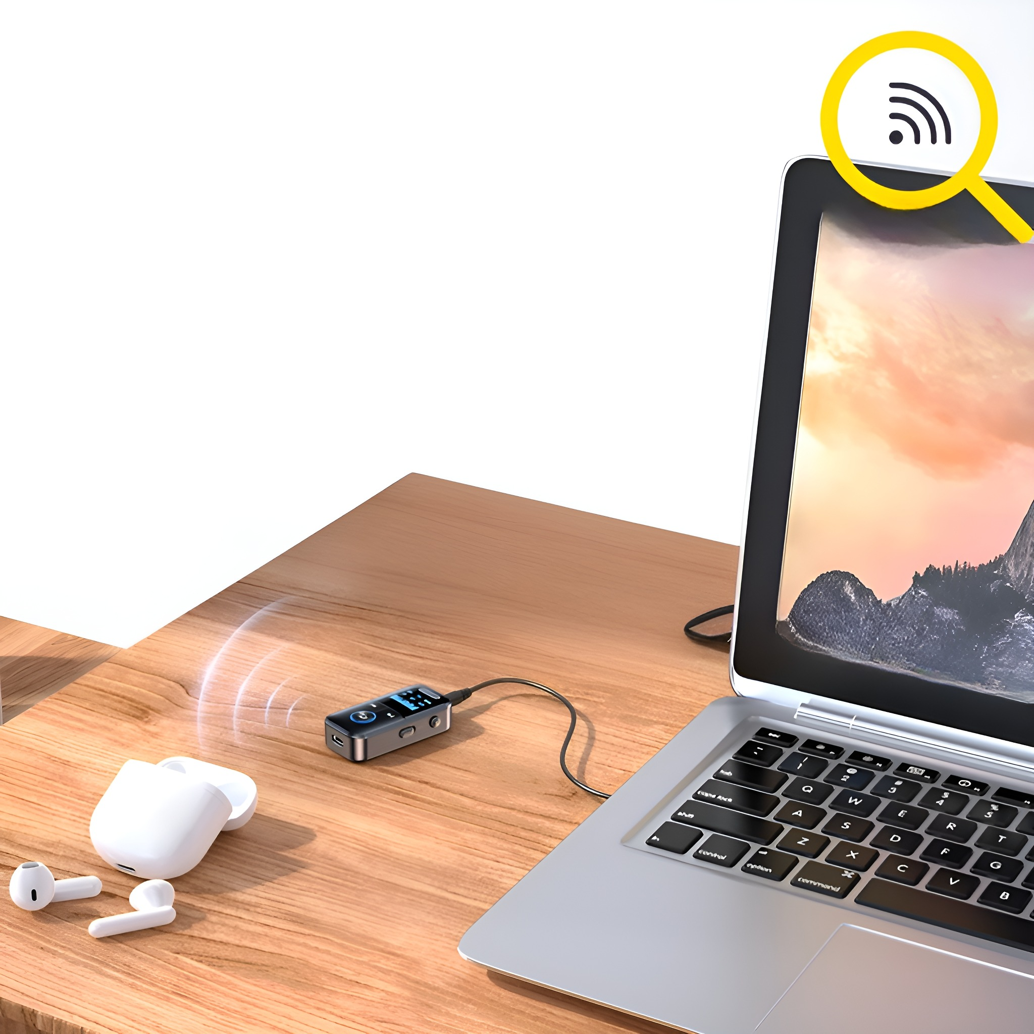 Laptop, kleines Gerät und Ohrhörer auf einer Holzoberfläche. WLAN-Signal-Grafik in der oberen rechten Ecke.