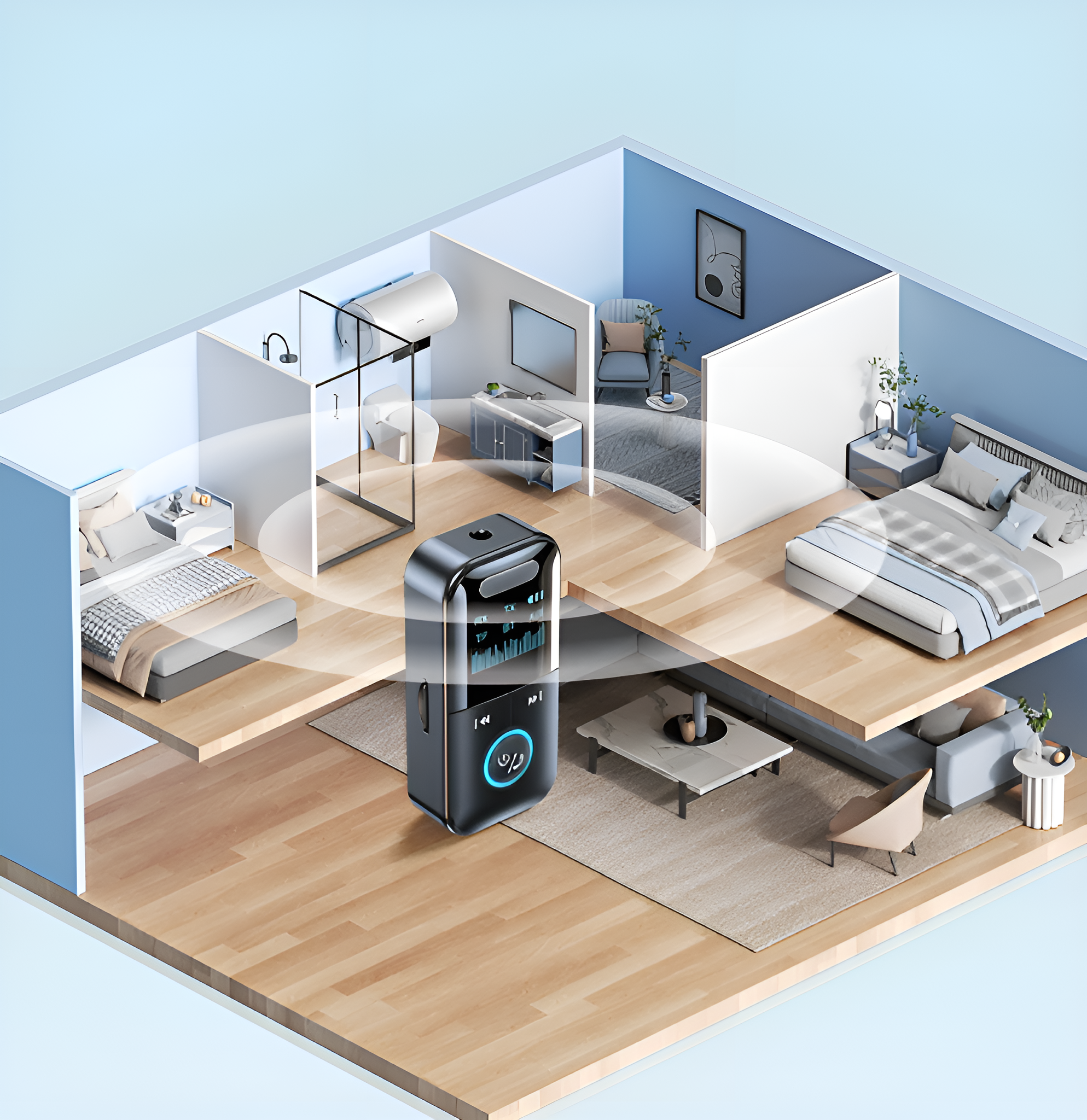 Ein 3D-gerendertes Bild, das ein Smart Home mit Lautsprecher und Schallwellen zeigt.