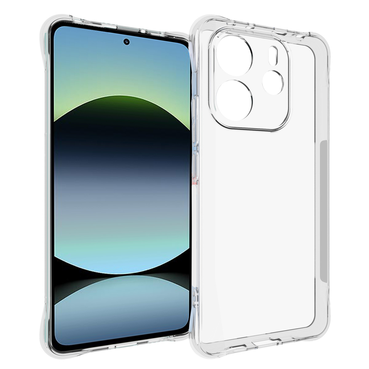 Un téléphone et une coque transparente. Le téléphone a un écran bleu. La coque a un cadre transparent.