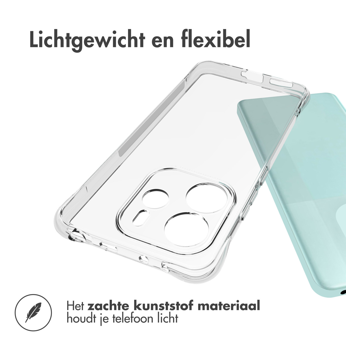 Coque de téléphone transparente à côté d'un téléphone bleu. Texte : Légère et flexible.