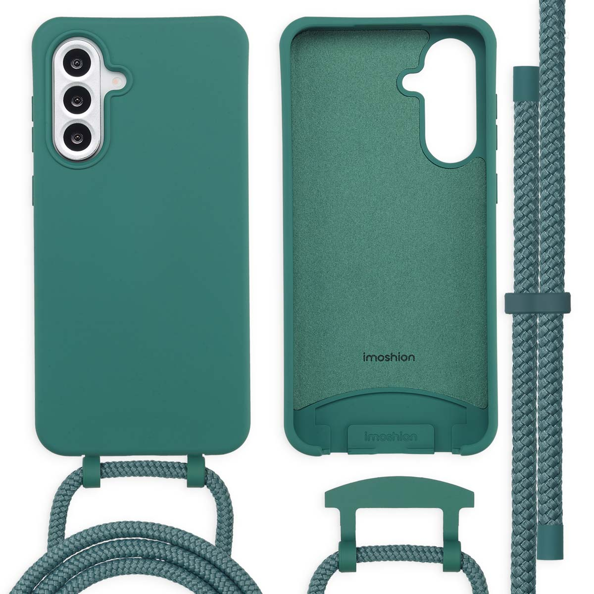 Een telefoonhoesje, groen. Drie delen: hoesje, binnenkant en touw. Het hoesje heeft een camera gat.