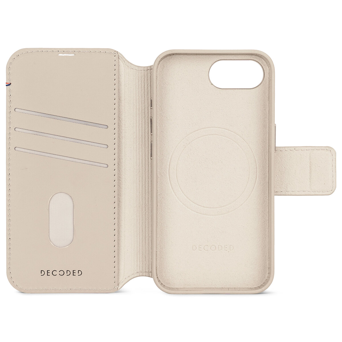 Étui de téléphone crème, ouvert pour révéler l'intérieur. Caractéristiques : emplacements pour cartes et un cercle de chargement sans fil.