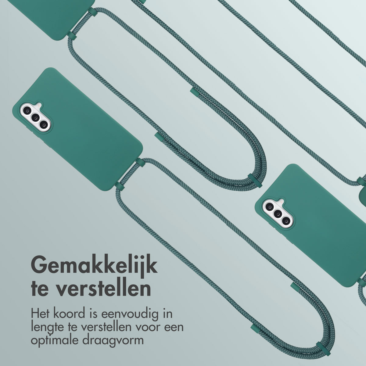 Turquoise telefoonhoesjes met koord, tegen een verloopachtergrond en tekst.