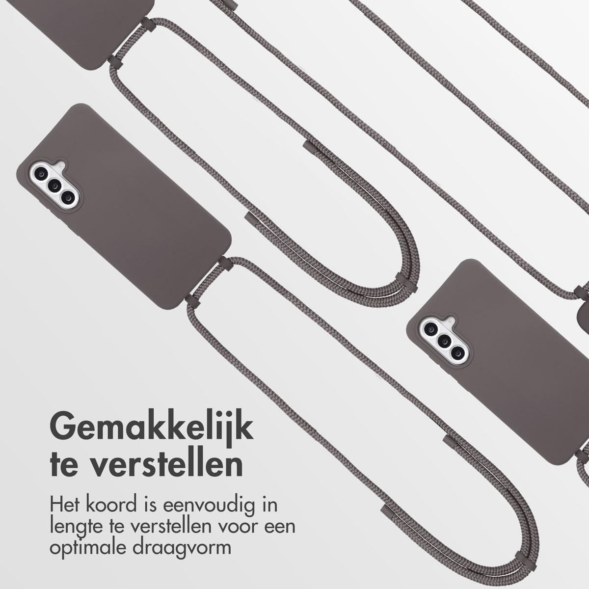 Meerdere grijze telefoonhoesjes met koorden, met tekst over gemakkelijk verstelbaar telefoonsnoer.