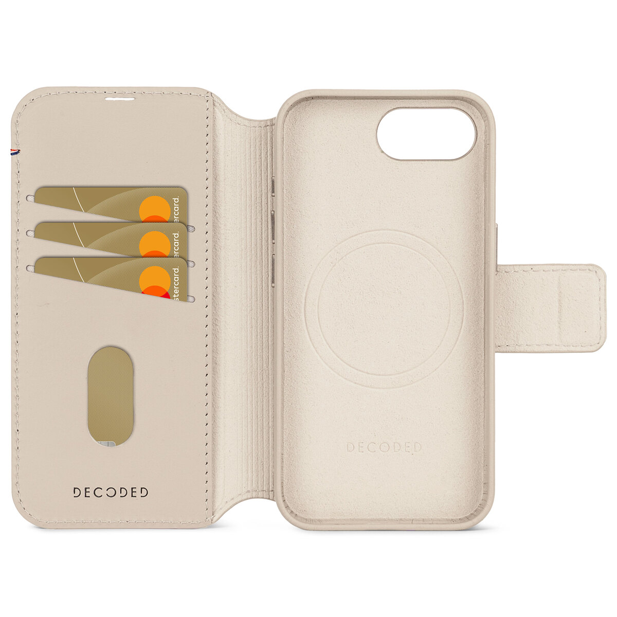 Étui de téléphone beige avec emplacements pour cartes et rabat. Le logo Decoded est visible.