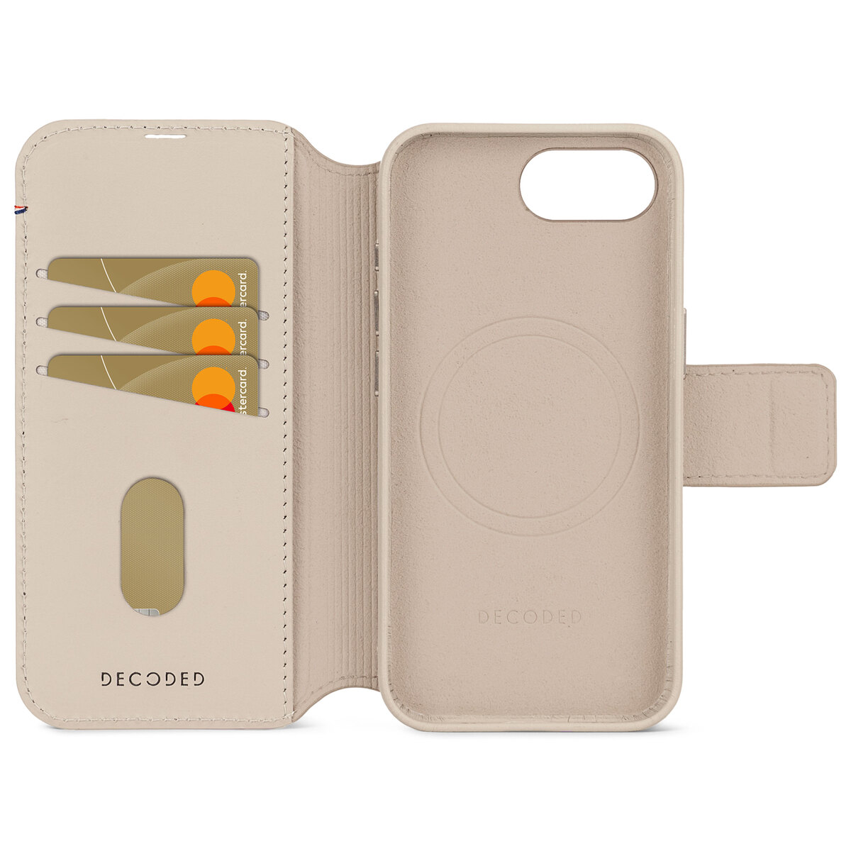 Étui de téléphone ouvert avec trois cartes de crédit. L'intérieur de l'étui est visible avec un logo 'Decoded'.