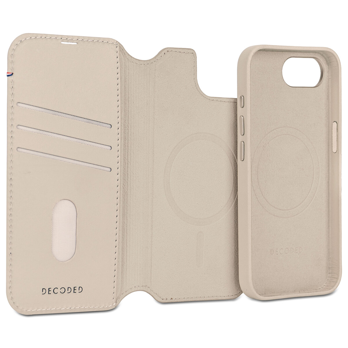 Coque de téléphone beige, ouverte avec fentes pour cartes et coque. 'Decoded' imprimé.