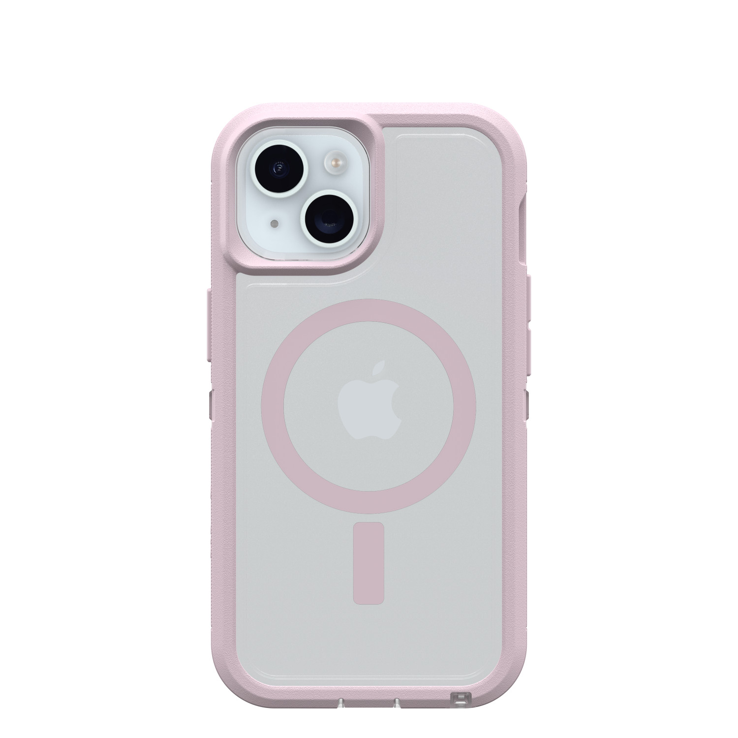 Eine rosa Handyhülle mit durchsichtigem Rücken, zeigt Kamera und Apple-Logo, sowie einen Magnetkreis.