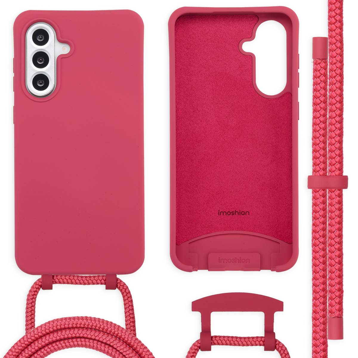 Roze telefoonhoesje met een bandje en een apart stuk voor de oplaadpoort.