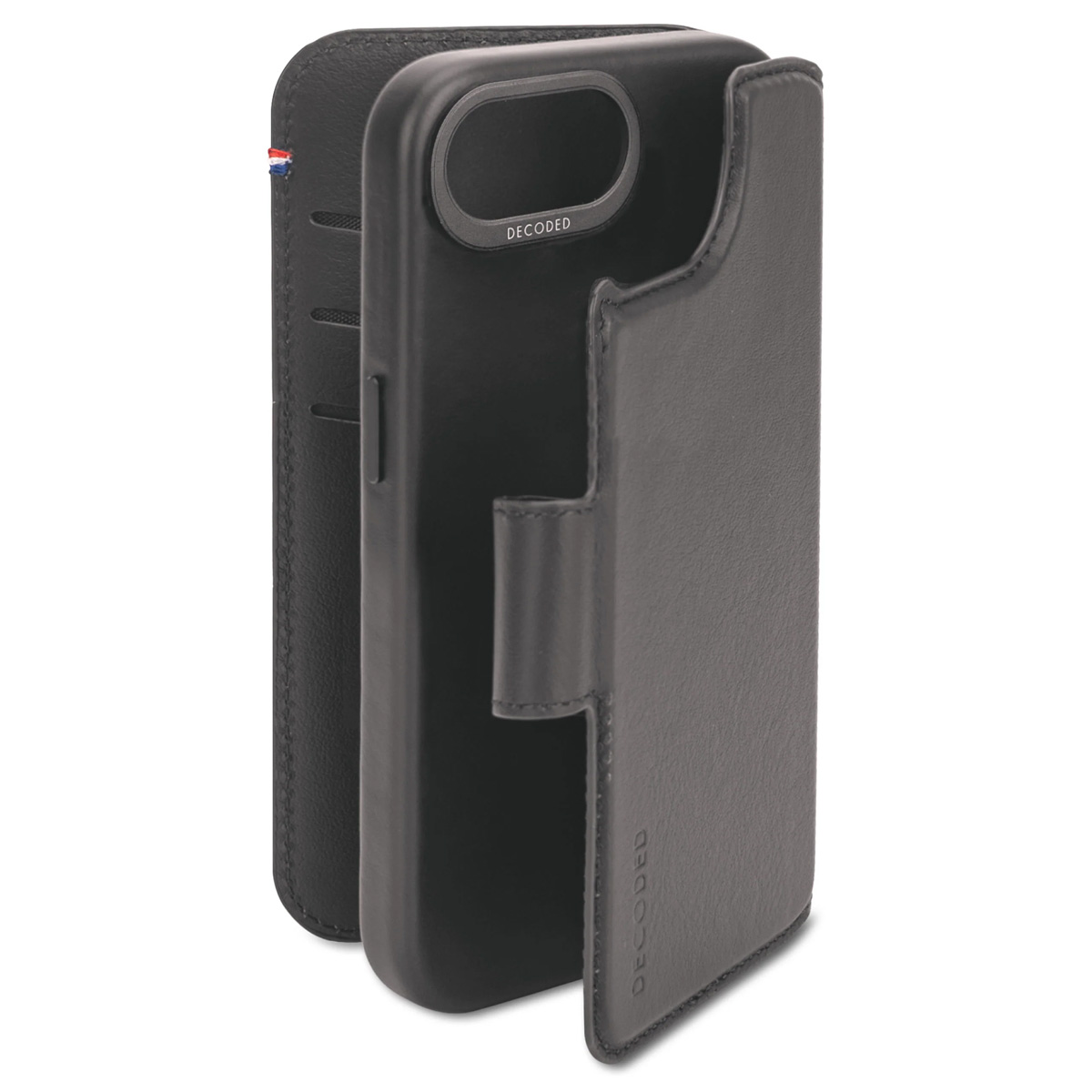 Coque de téléphone noire avec design ouvert, un téléphone noir et un portefeuille avec drapeau.