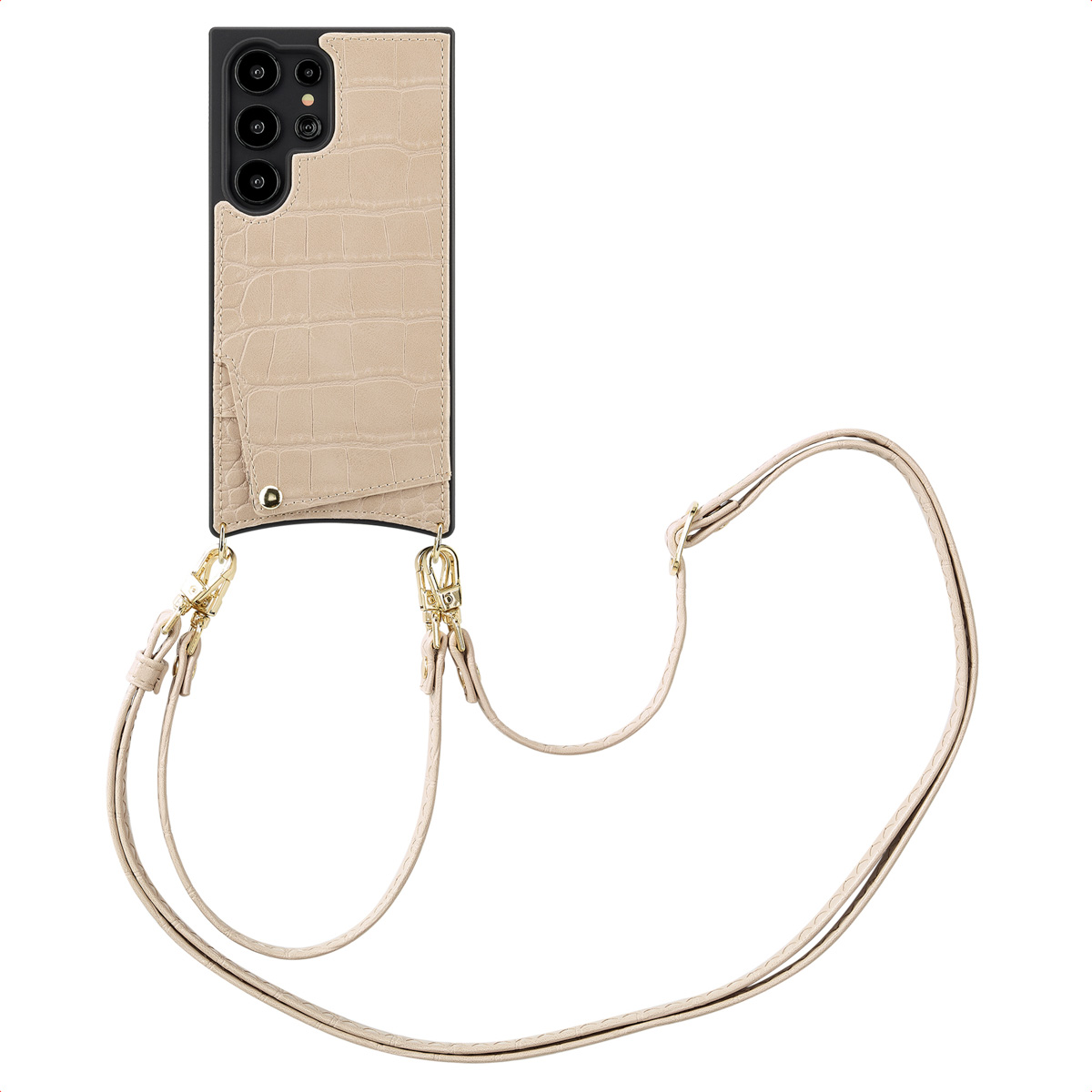 Une coque de téléphone avec un motif crocodile beige, attachée à une sangle beige avec des détails dorés.