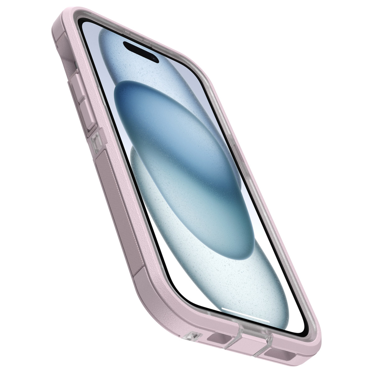Eine rosa Handyhülle auf weißem Hintergrund. Das Telefon hat einen blauen Hintergrund.