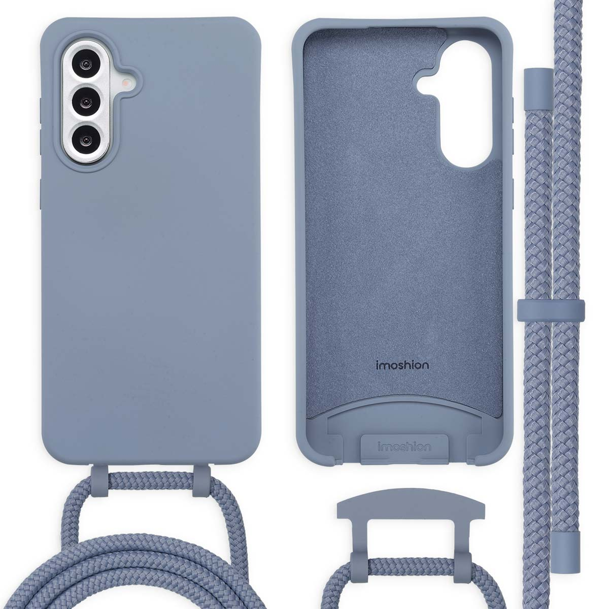 Blauw telefoonhoesje met een bandje en een apart stuk voor de oplaadpoort.