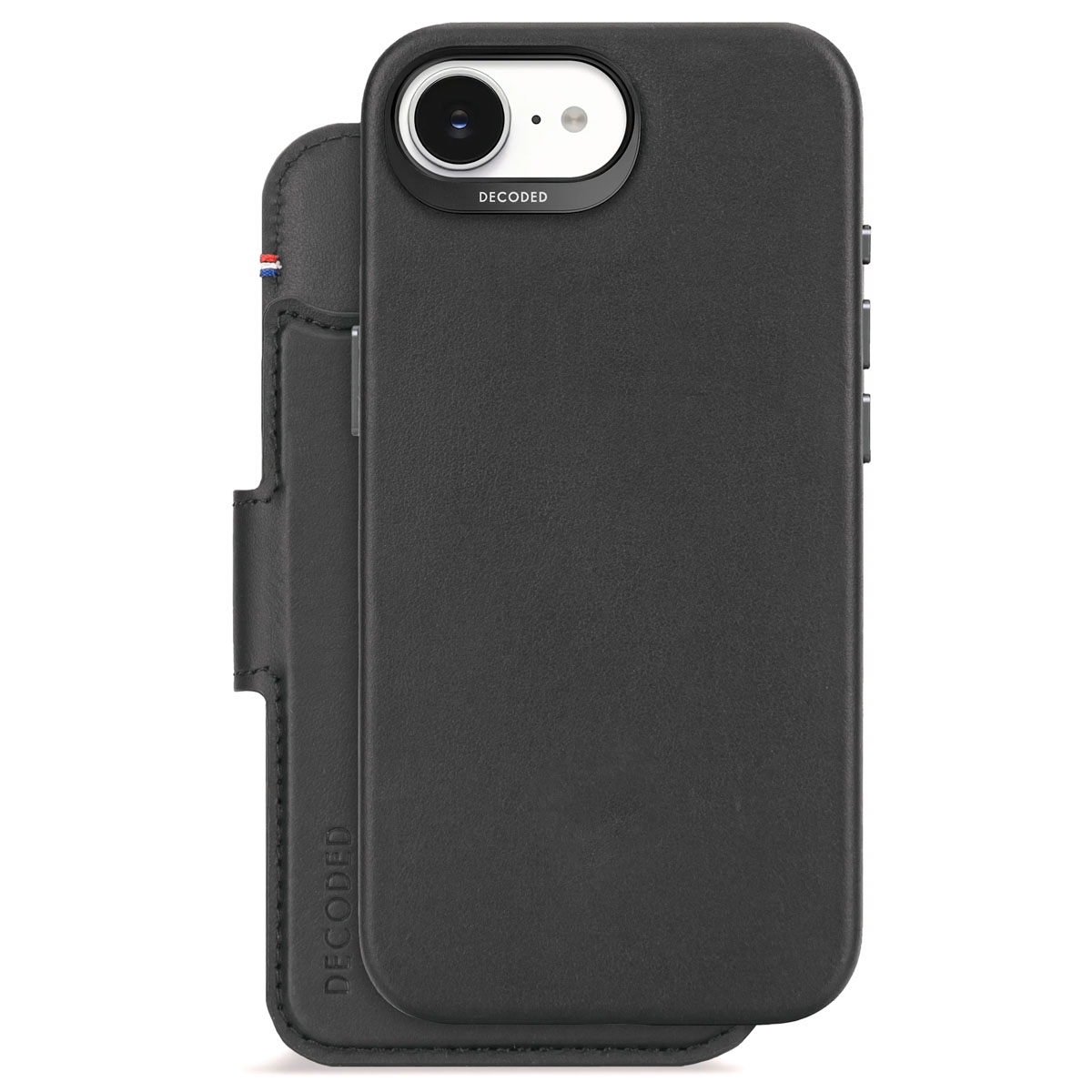 Coque noire avec découpe caméra et rabat avec 'DECODED' imprimé.