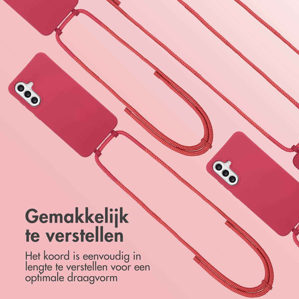 Rode telefoonhoesjes met koorden, gerangschikt in een patroon tegen een roze achtergrond.