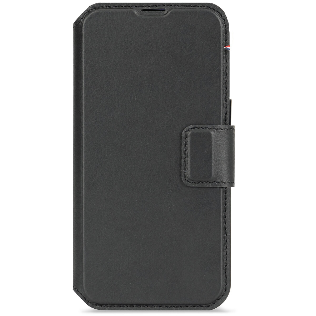 Coque de téléphone noire, fermée, avec fermeture magnétique.