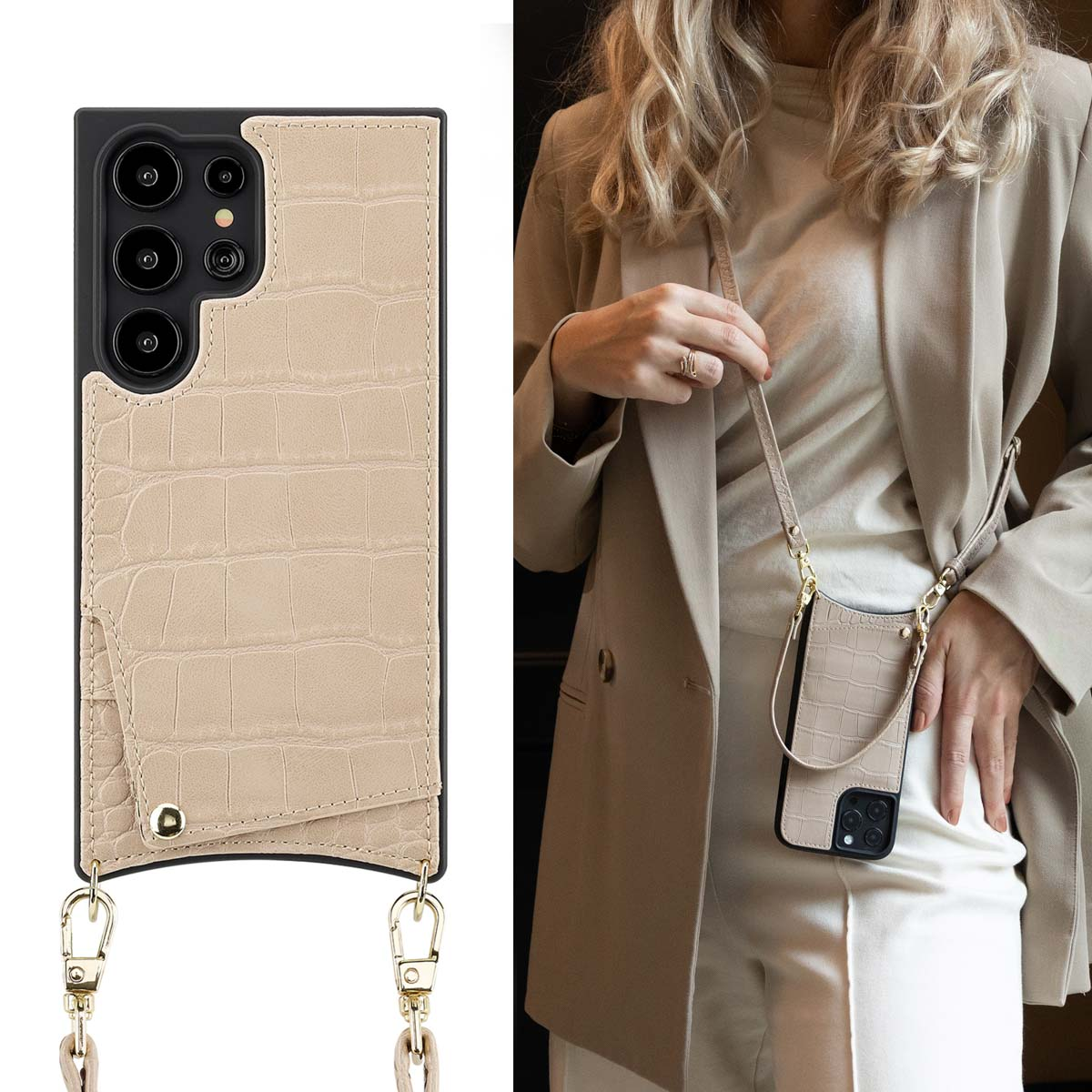 Deux images d'une coque de téléphone avec porte-cartes et sangle. L'étui est beige avec un motif crocodile.