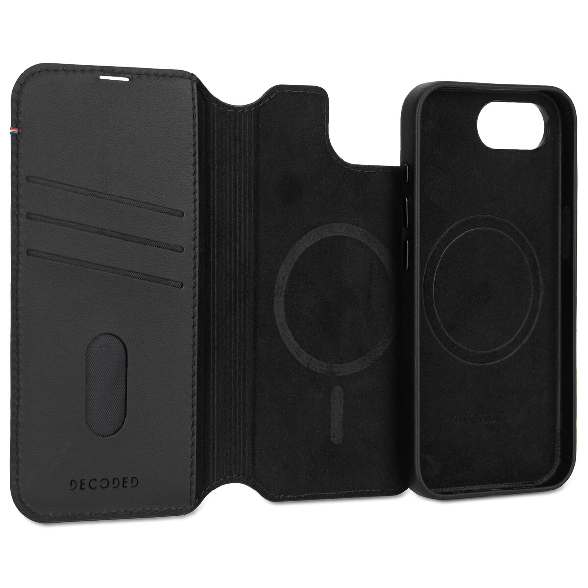 Étui de téléphone en cuir noir, ouvert, avec fentes pour cartes et support.