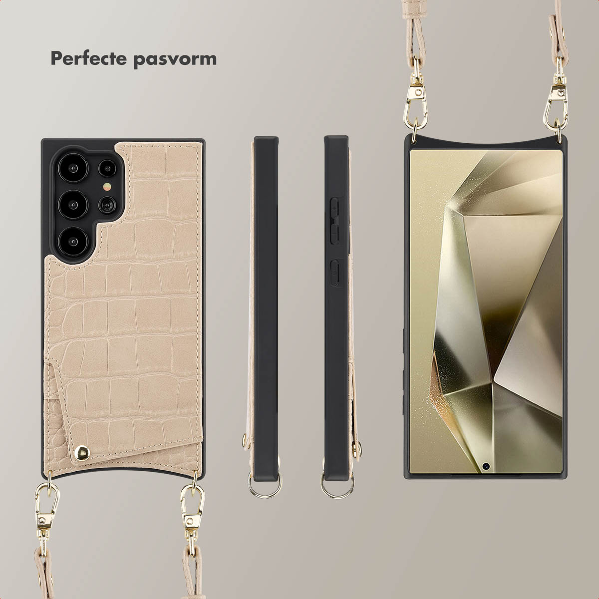 Coque de téléphone avec lanière et téléphone à l'intérieur, vues latérales et arrière. Beige.