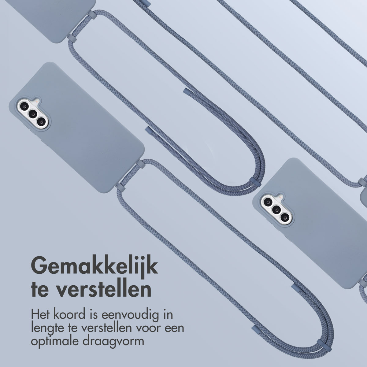 Telefoonhoesjes en koorden. De telefoonhoesjes zijn grijs en hebben koorden bevestigd. De koorden zijn grijs.