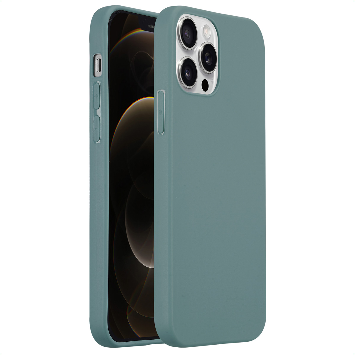 Blauwgroen telefoonhoesje, open, met de camera van de telefoon.