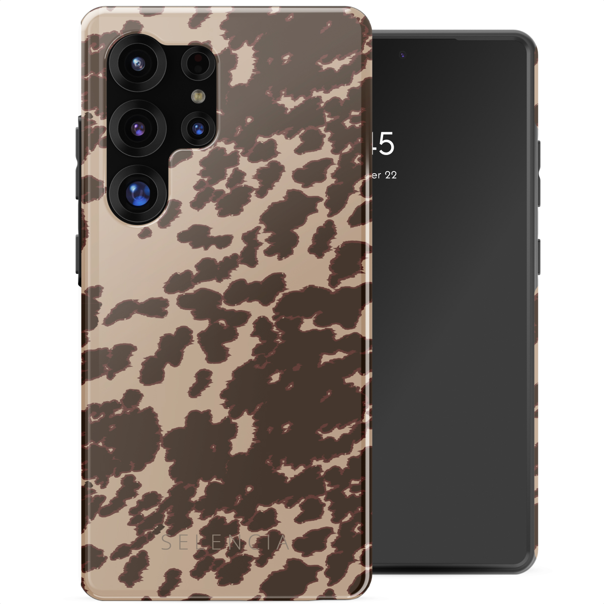 Een telefoonhoesje met een bruin koeienprintpatroon op de telefoon, met een zwart scherm aan de zijkant.