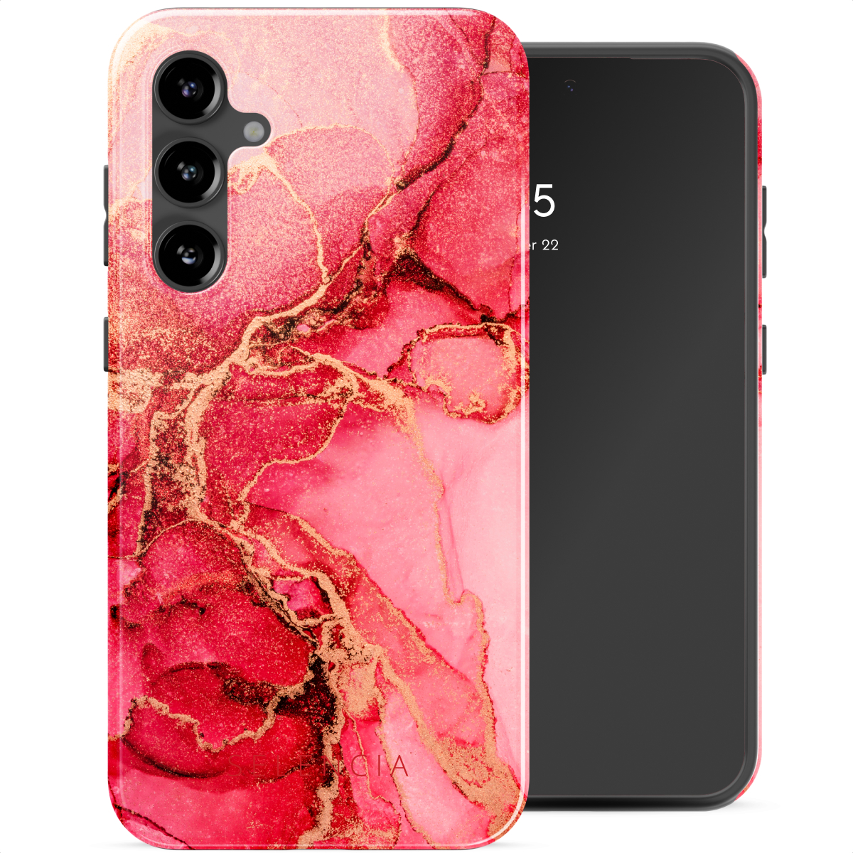 Telefono con custodia in marmo rosso e oro. L'altro telefono è nero.