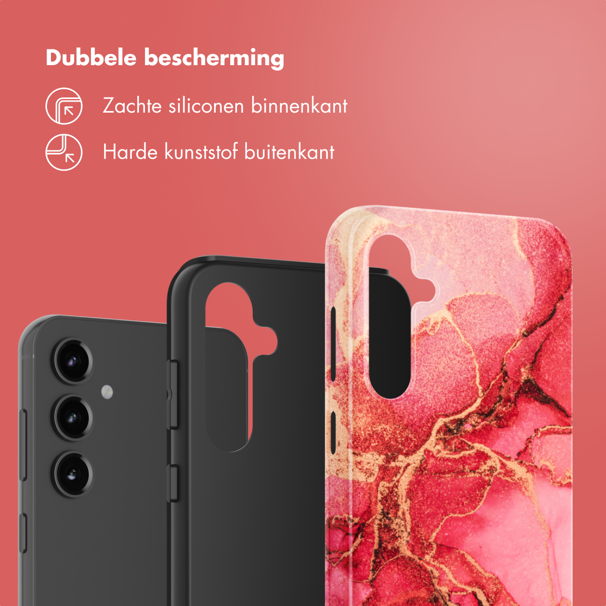 Custodia per telefono con interno nero ed esterno con design marmorizzato. Anche il telefono è visibile.