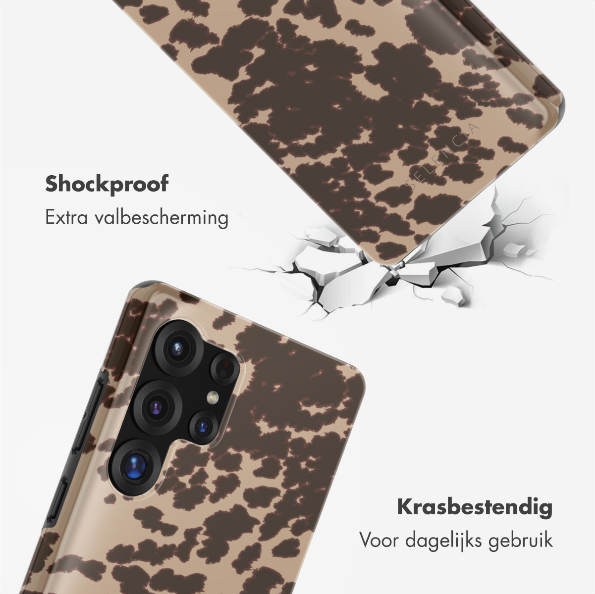 Telefoonhoesje met bruin koeienprint design, met tekst boven en onder.
