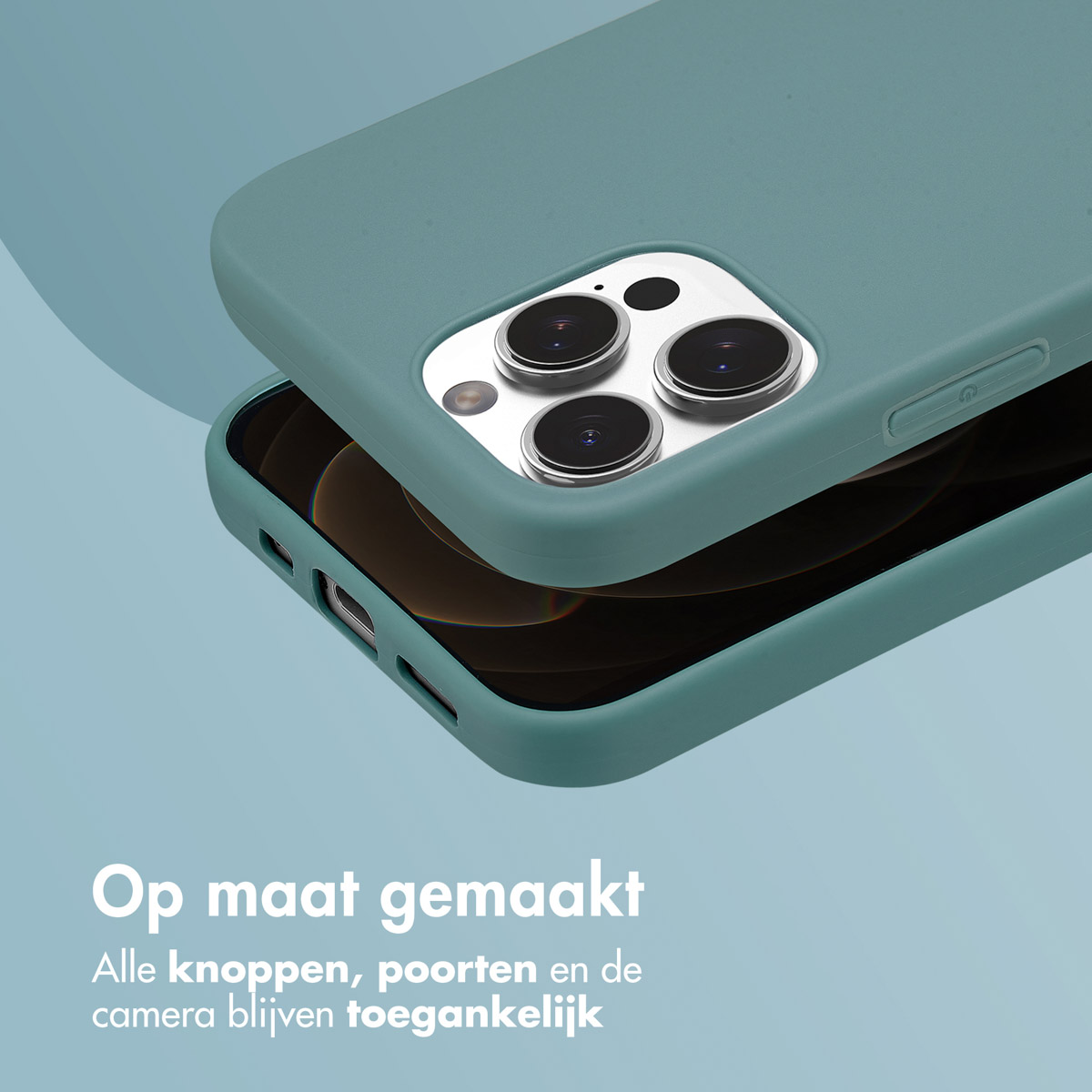 Twee telefoonhoesjes, een teal en een zwarte. De teal ligt bovenop de zwarte.
