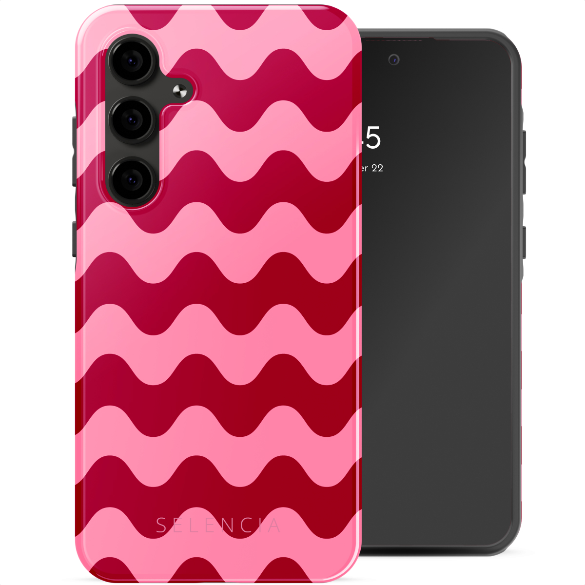 Een telefoonhoesje met een golvend ontwerp. Het telefoonscherm is zwart en heeft een Selencia-logo.