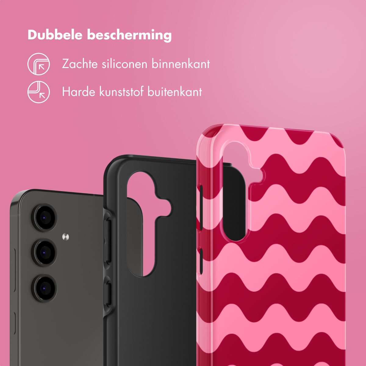 Telefoonhoesjes in zwart, roze golf en telefoon. Tekst: Dubbele bescherming.