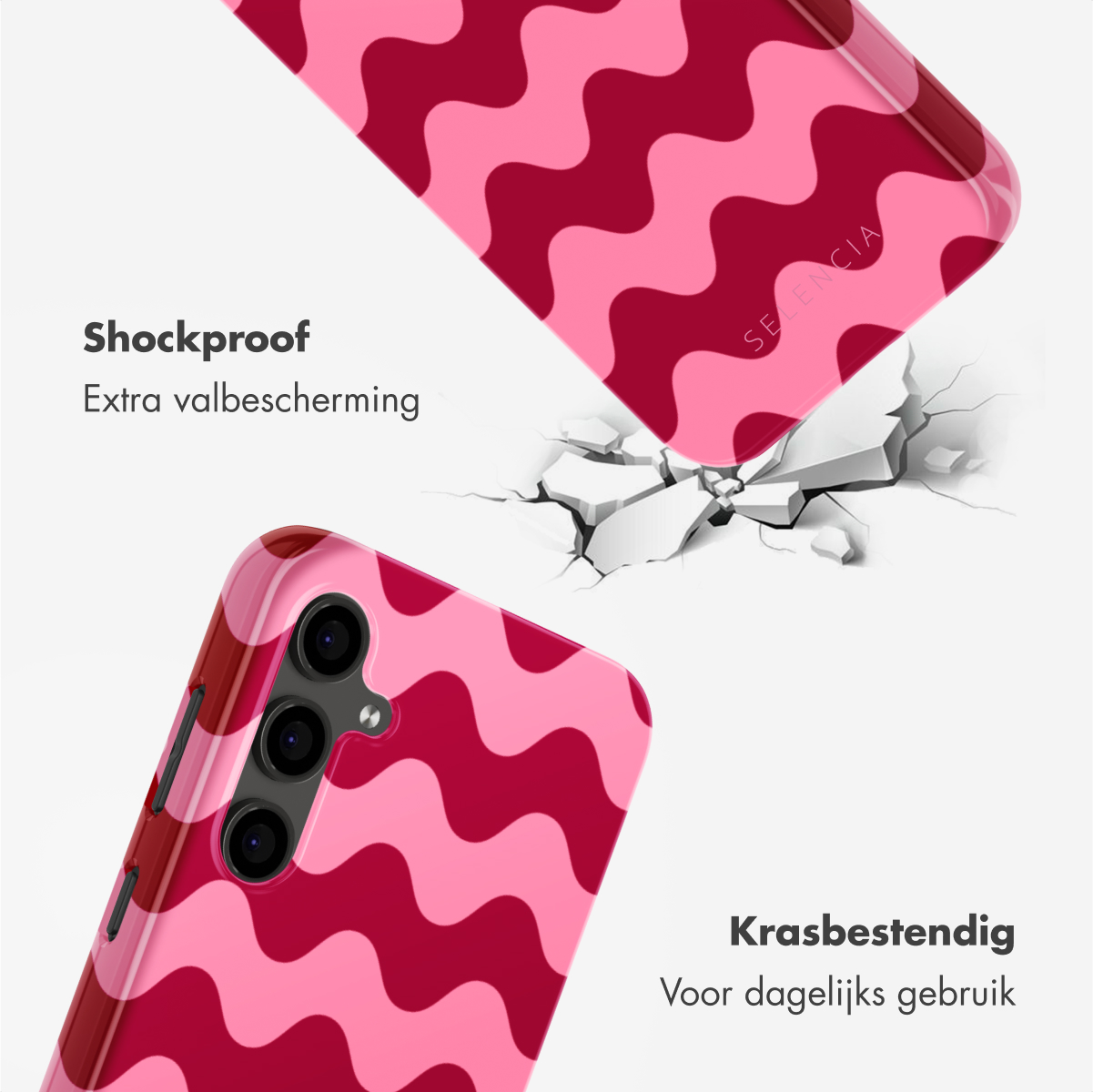 Twee telefoonhoesjes. Beide hebben een golvend roze patroon. Eén is gedeeltelijk gebroken, met een gebroken grondeffect.