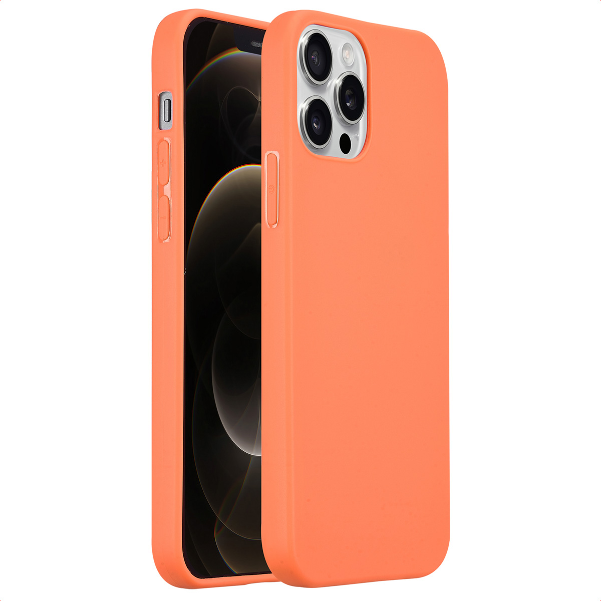 Oranje telefoonhoesje op een telefoon. De hoes zit op de achterkant en zijkanten van de telefoon.