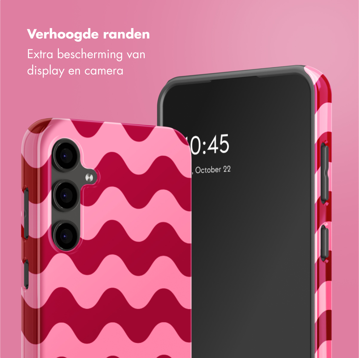 Telefoonhoesje met een roze golfpatroon. De hoes zit op de achterkant en zijkanten van de telefoon.