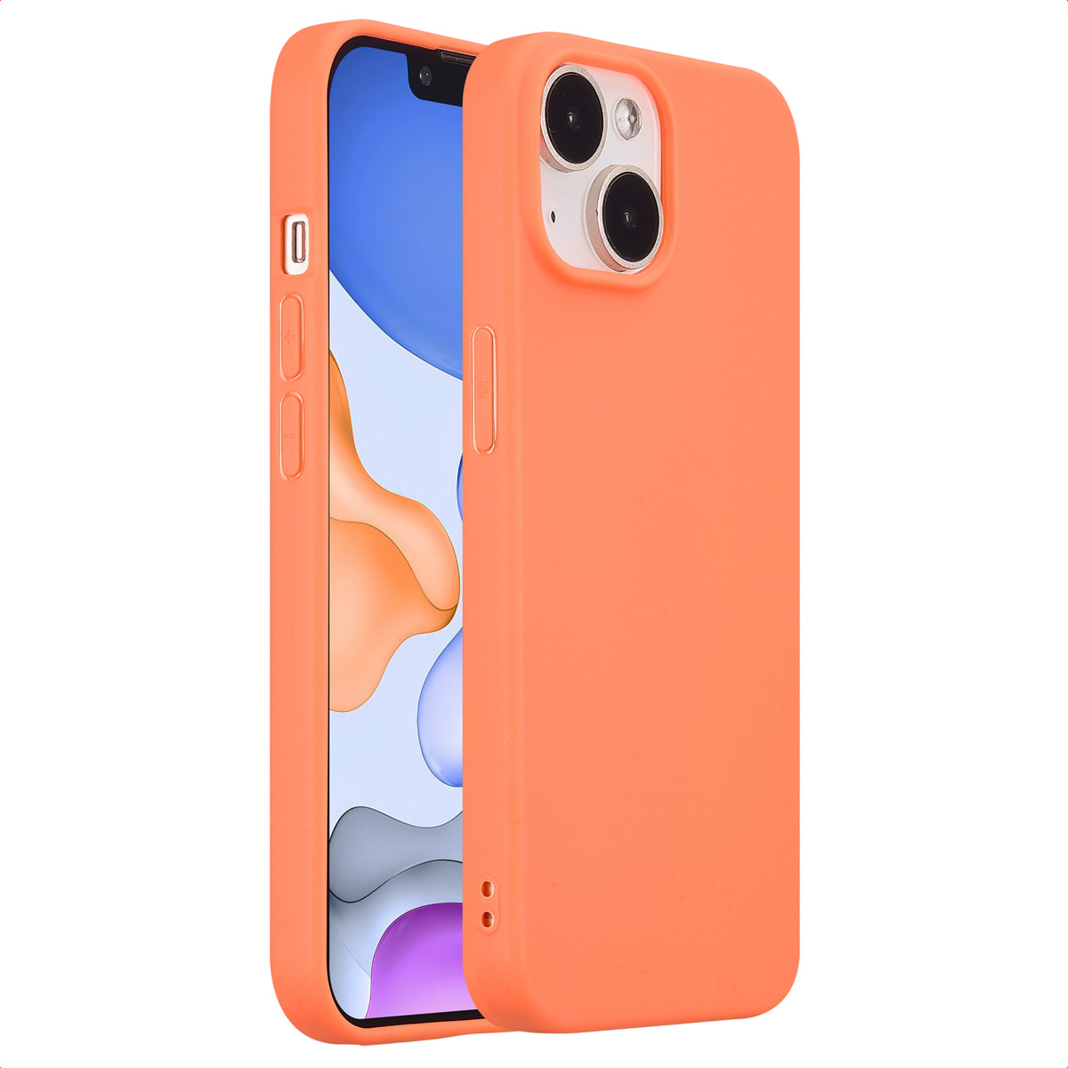 Orange phone case with an orange phone. The case has cutouts for the camera.