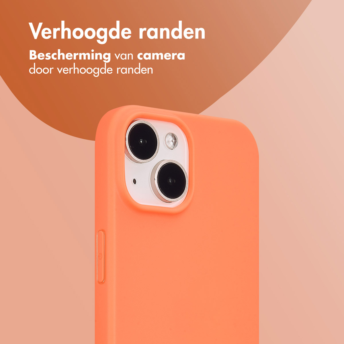 Orange phone case. The back of a phone case and the camera area. Text reads 'Raised edges'.