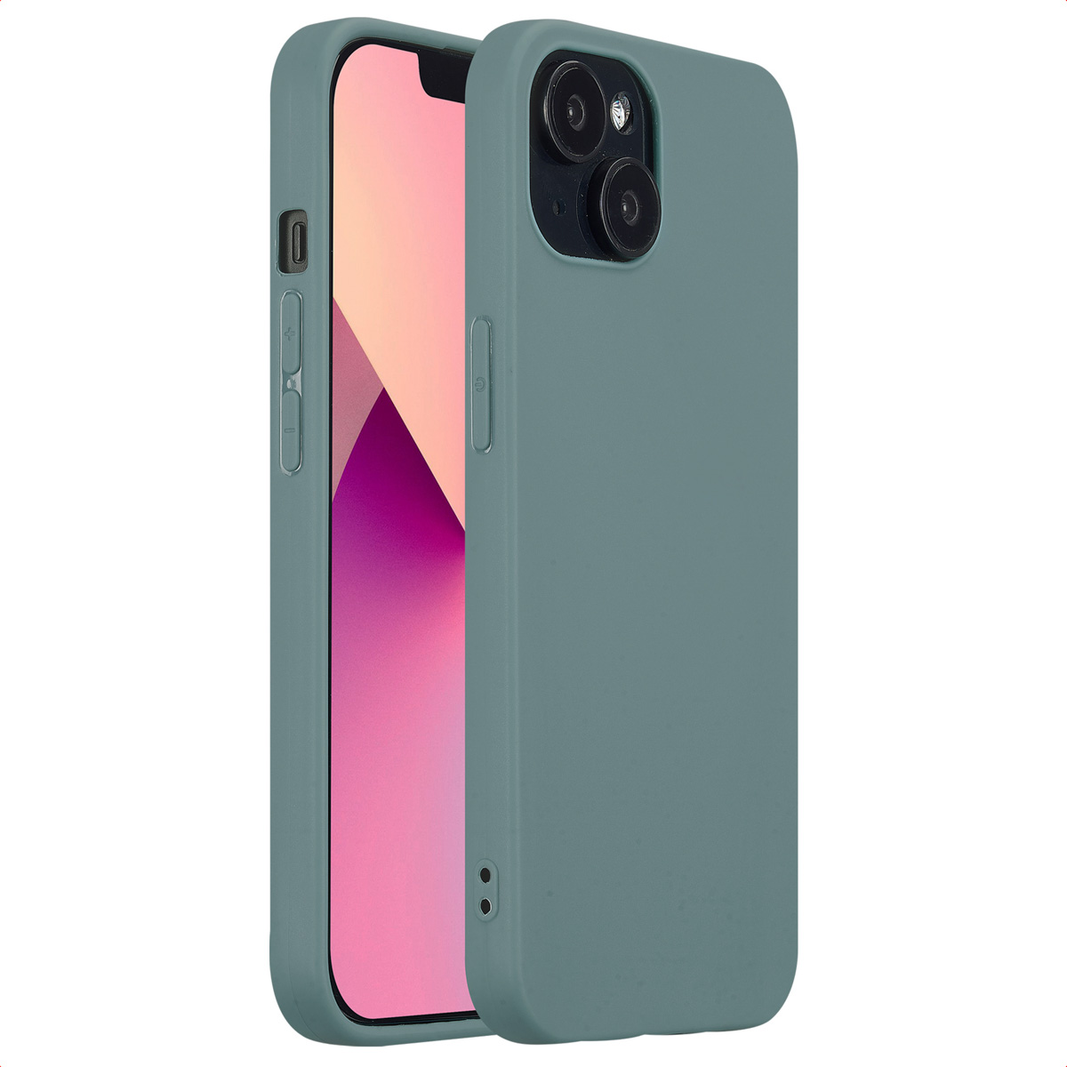 Eine Handyhülle, teal. Ein Telefon befindet sich in der Hülle. Die Rückseite der Hülle ist sichtbar.