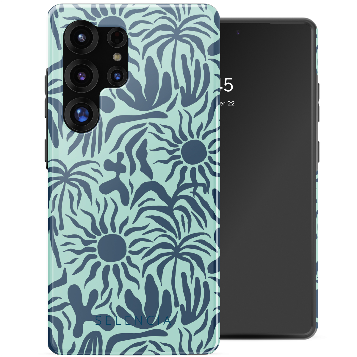 Telefoonhoesje met blauw bloemmotief op een telefoon en de telefoon ernaast.