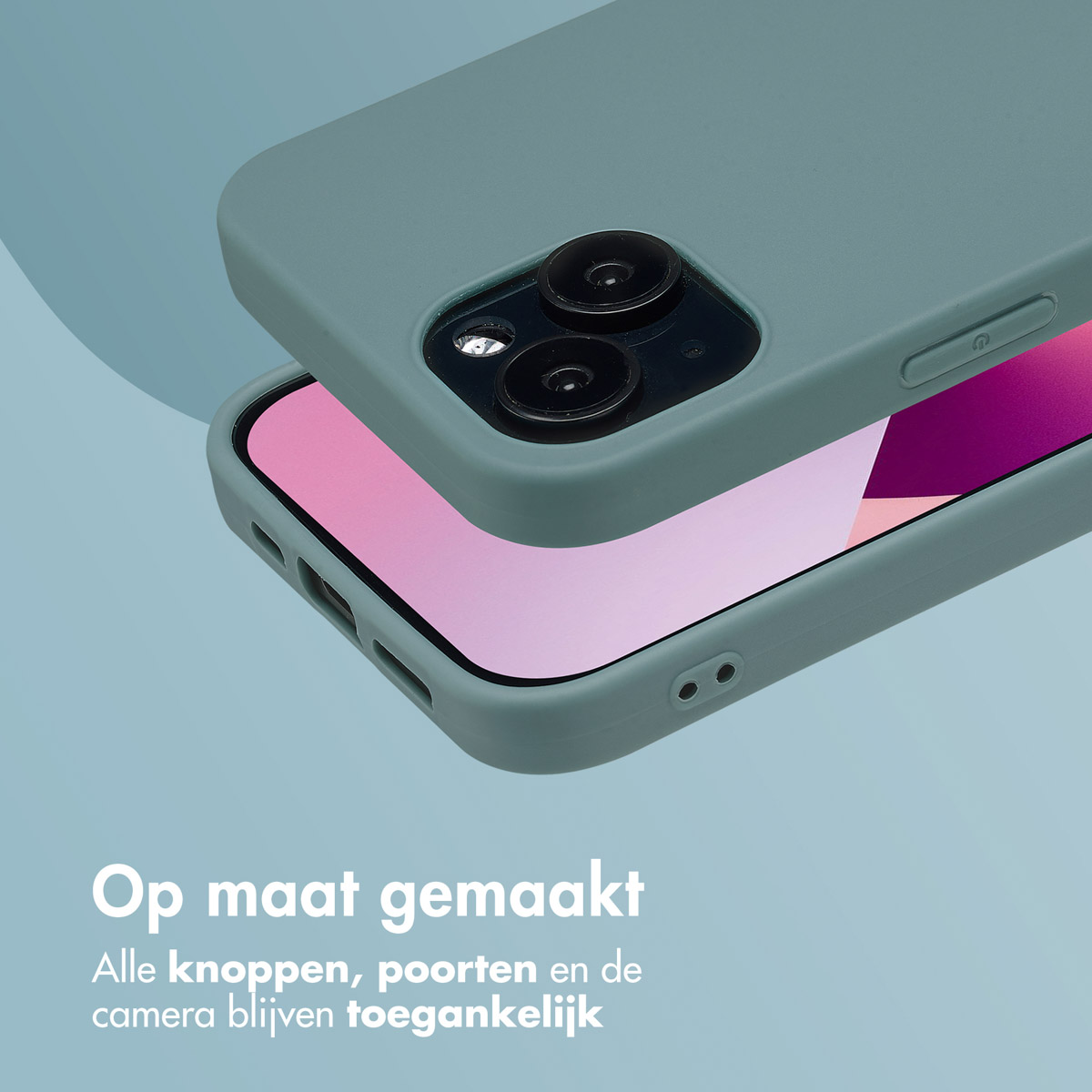 Handyhülle auf dem Telefon. Das Telefon ist hellgrün, der Hintergrund etwas dunkleres Blau.