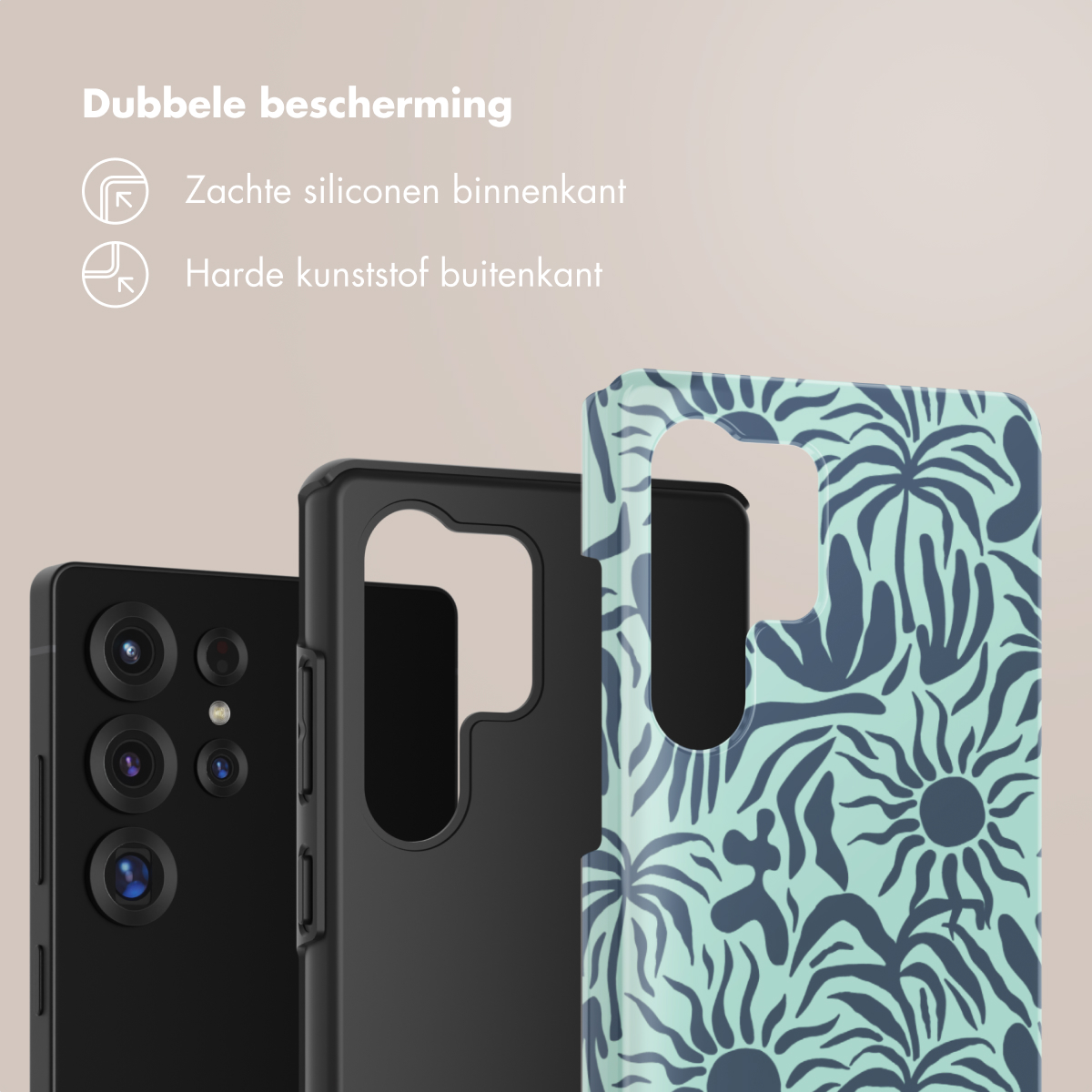 Drie telefoonhoesjes, zwart, zwart met een design en een blauw patroonhoesje, die dubbele bescherming tonen.