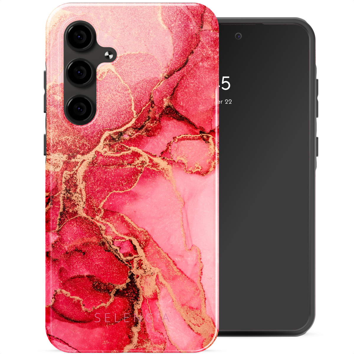 Roze en gouden marmeren telefoonhoesje met een zwarte telefoon. De hoesje staat links.