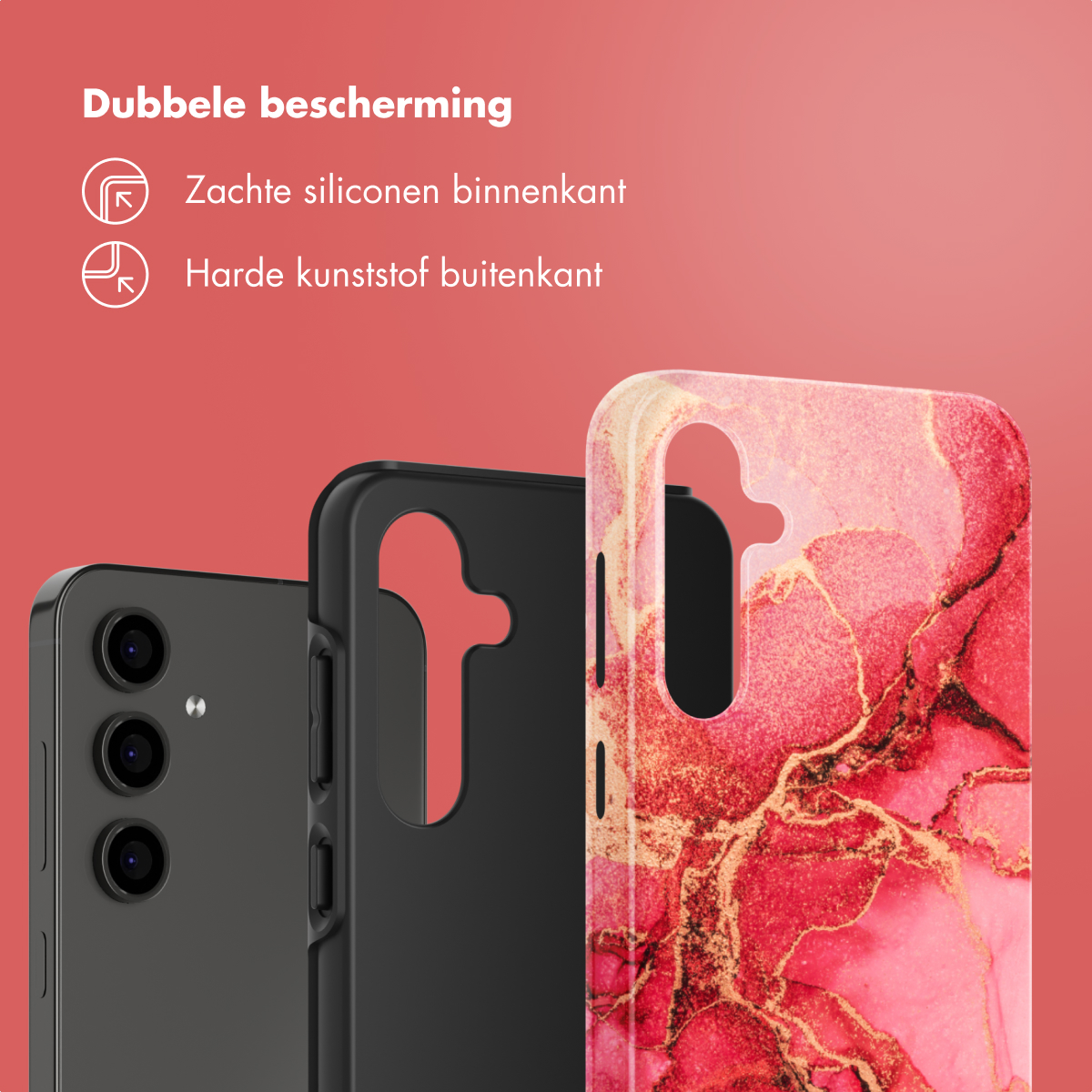 Een telefoon en twee hoesjes. Eén is zwart. Eén heeft een rood en goud marmerontwerp. De hoesjes hebben dubbele bescherming.