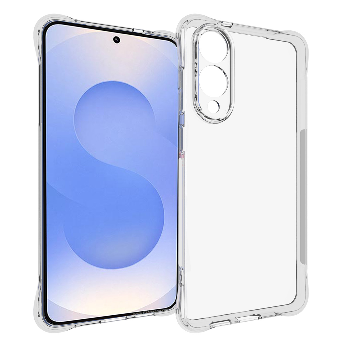Un téléphone et une coque transparente. Le téléphone a un écran bleu. La coque a un cadre transparent.